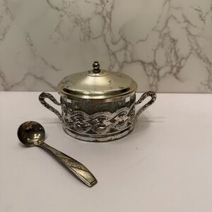 Vintage Glass with Silver Sugar Bowl with Spoon